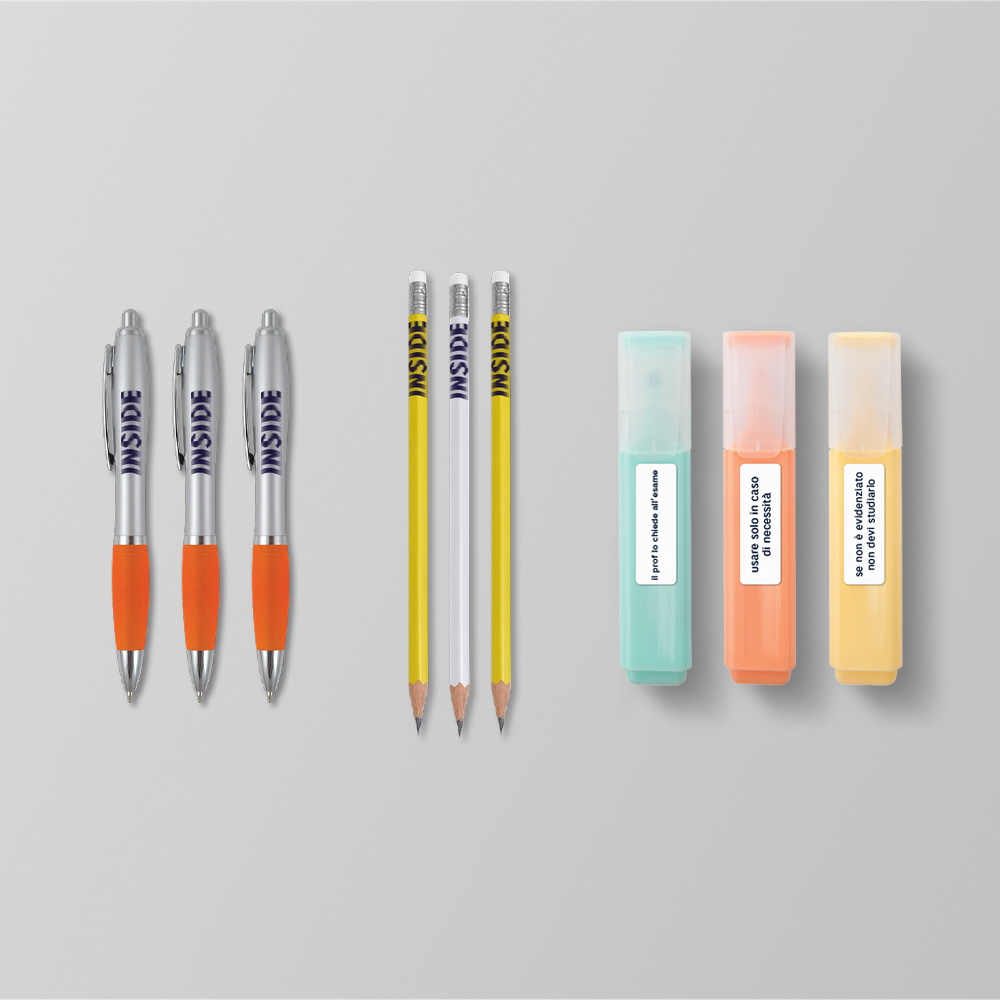 Kit - 3 penne, 3 matite, 3 evidenziatori